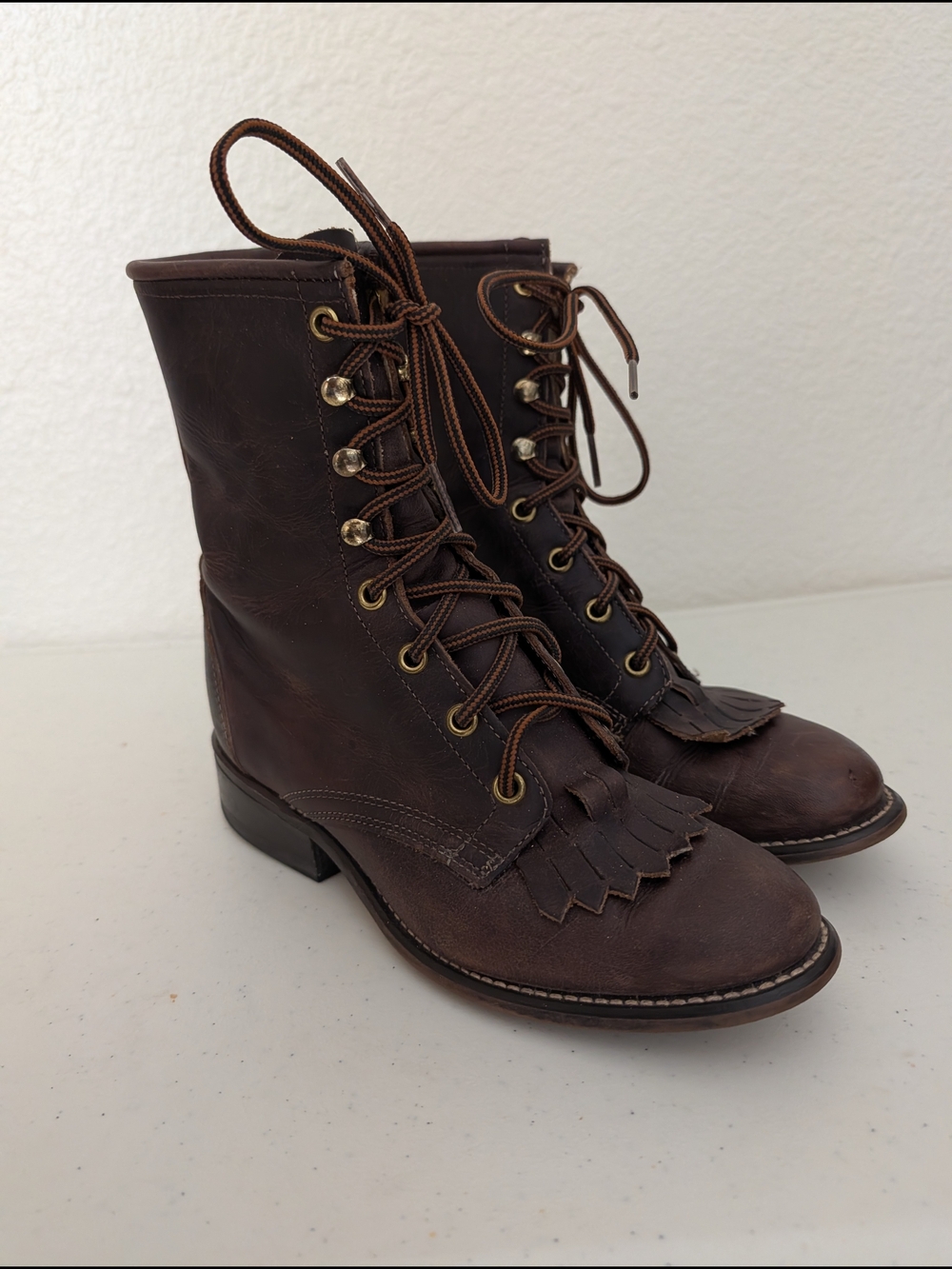 Laredo Dark Brown Leather Lace-Up Fringe Ankle Boots